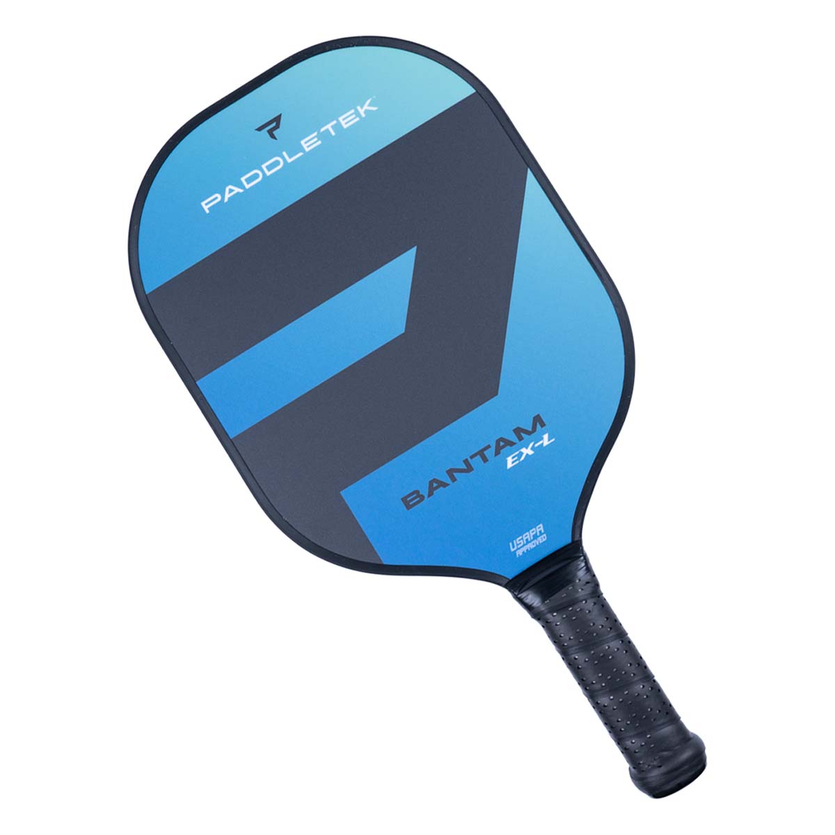 Top-down view of a blue and gray pickleball paddle with PADDLETEK and BANTAM EX-L text.
