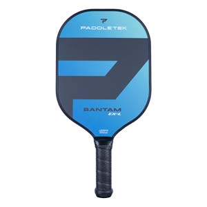 Front view of a blue and gray pickleball paddle with Paddletek branding, Bantam EX-L text, and a black grip.