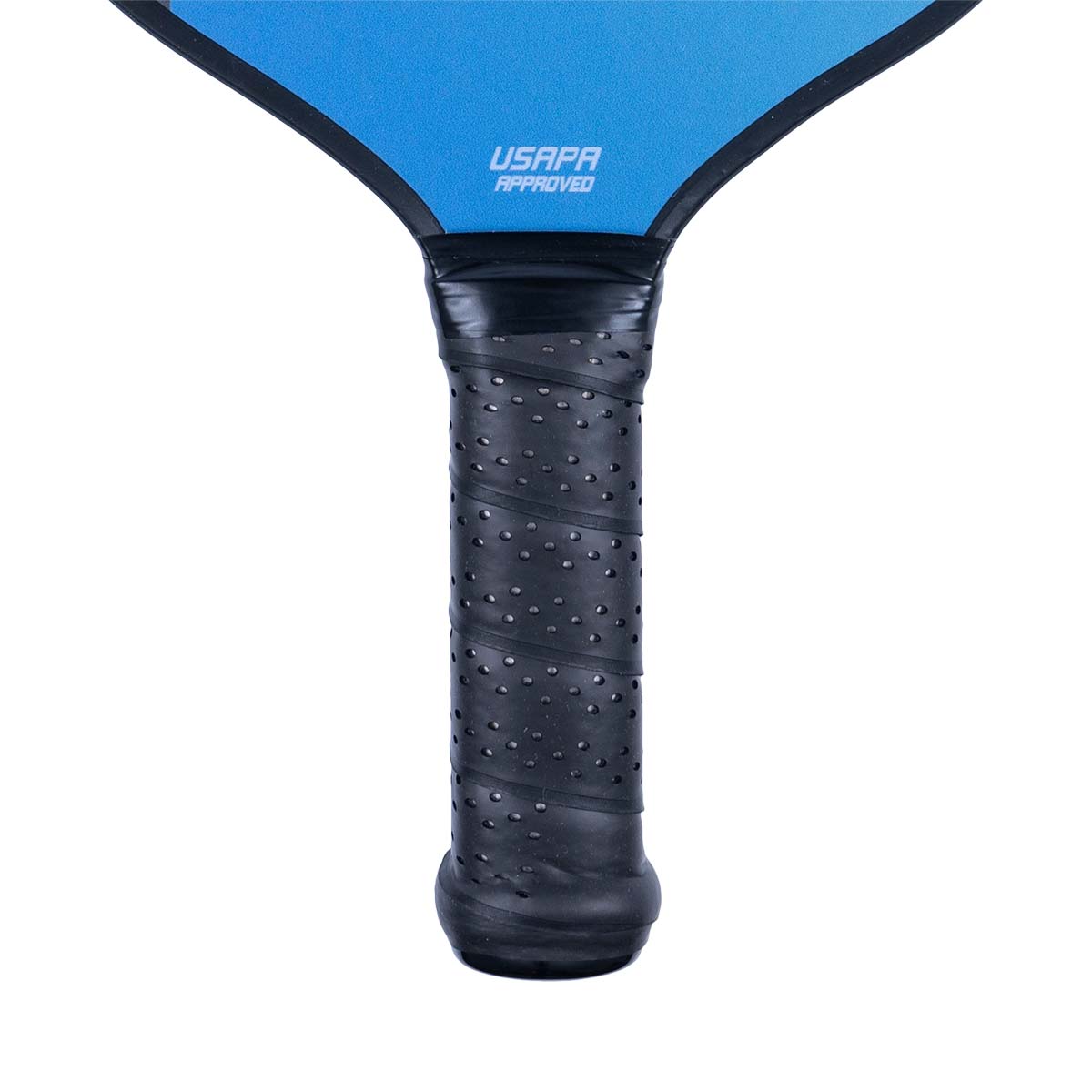 Close-up of a blue pickleball paddle handle with a black perforated grip and USAPA APPROVED text.