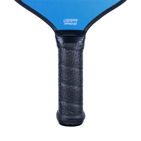 Close-up of a blue pickleball paddle handle with a black perforated grip and USAPA APPROVED text.