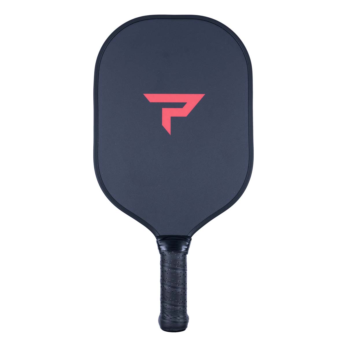 Front view of a dark gray pickleball paddle with a red P logo and black grip.