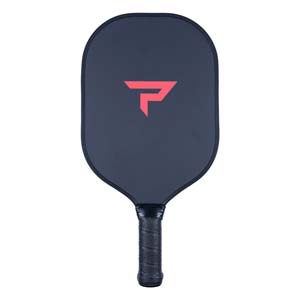 Front view of a dark gray pickleball paddle with a red P logo and black grip.