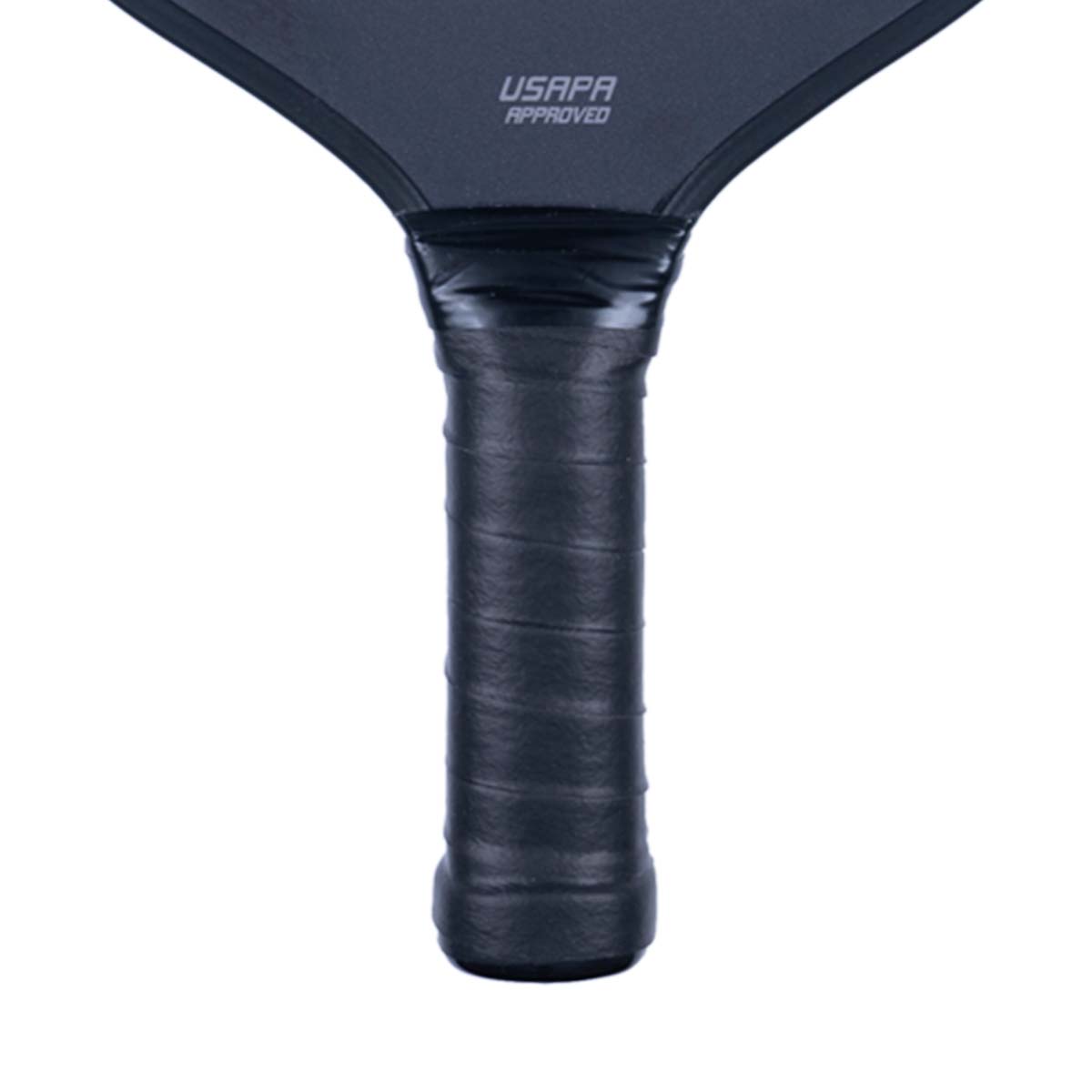 Close-up of a black pickleball paddle grip with USAPA APPROVED text.