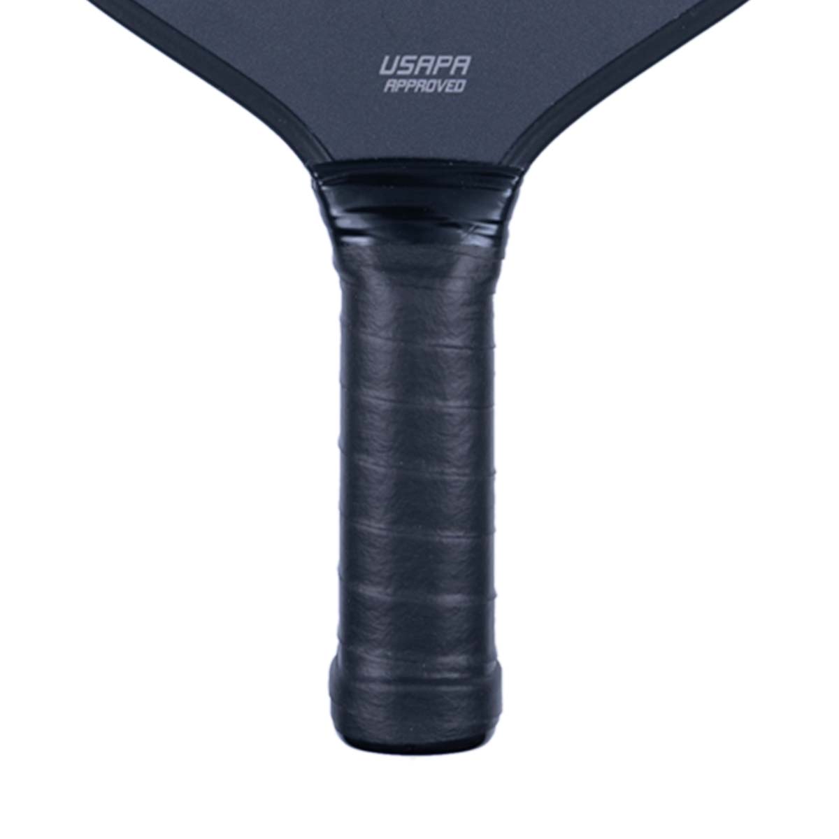 Close-up of a black pickleball paddle grip with USAPA APPROVED text.