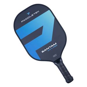 Top-down view of a dark blue pickleball paddle with a large blue F graphic, BANTAM EX-L PRO text, and black grip.