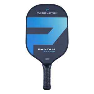 Front view of a dark grey pickleball paddle with a blue F graphic, PADDLETEK logo, and BANTAM EX-L PRO text.