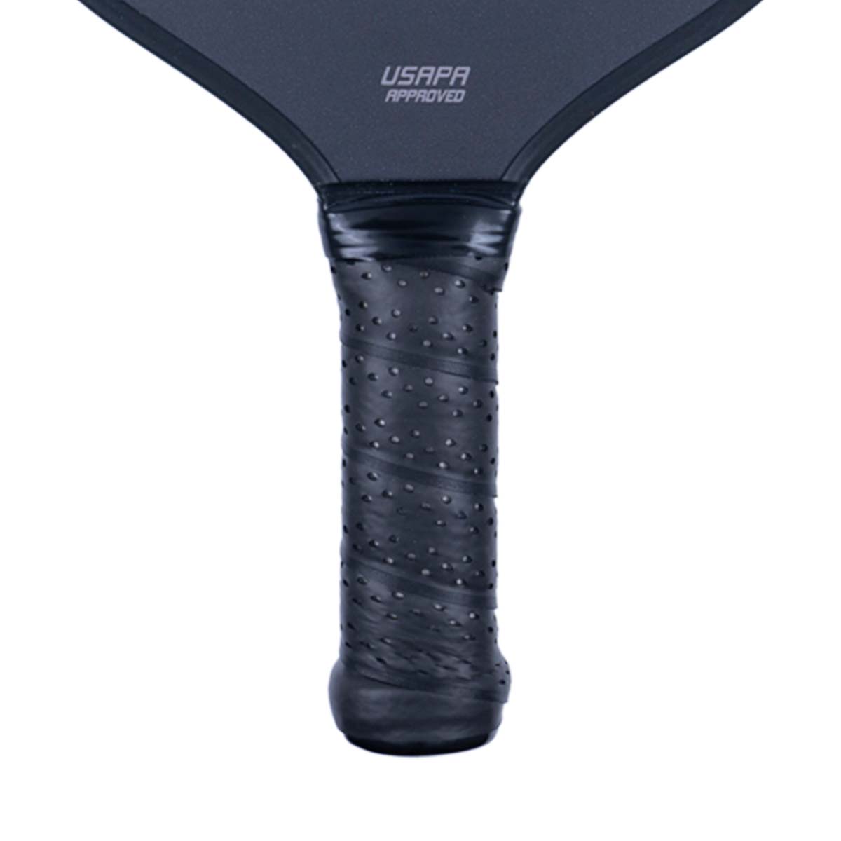 Close-up of a black pickleball paddle grip with a perforated texture and USAPA APPROVED text.