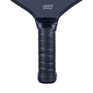 Close-up of a black pickleball paddle grip with USAPA APPROVED text.