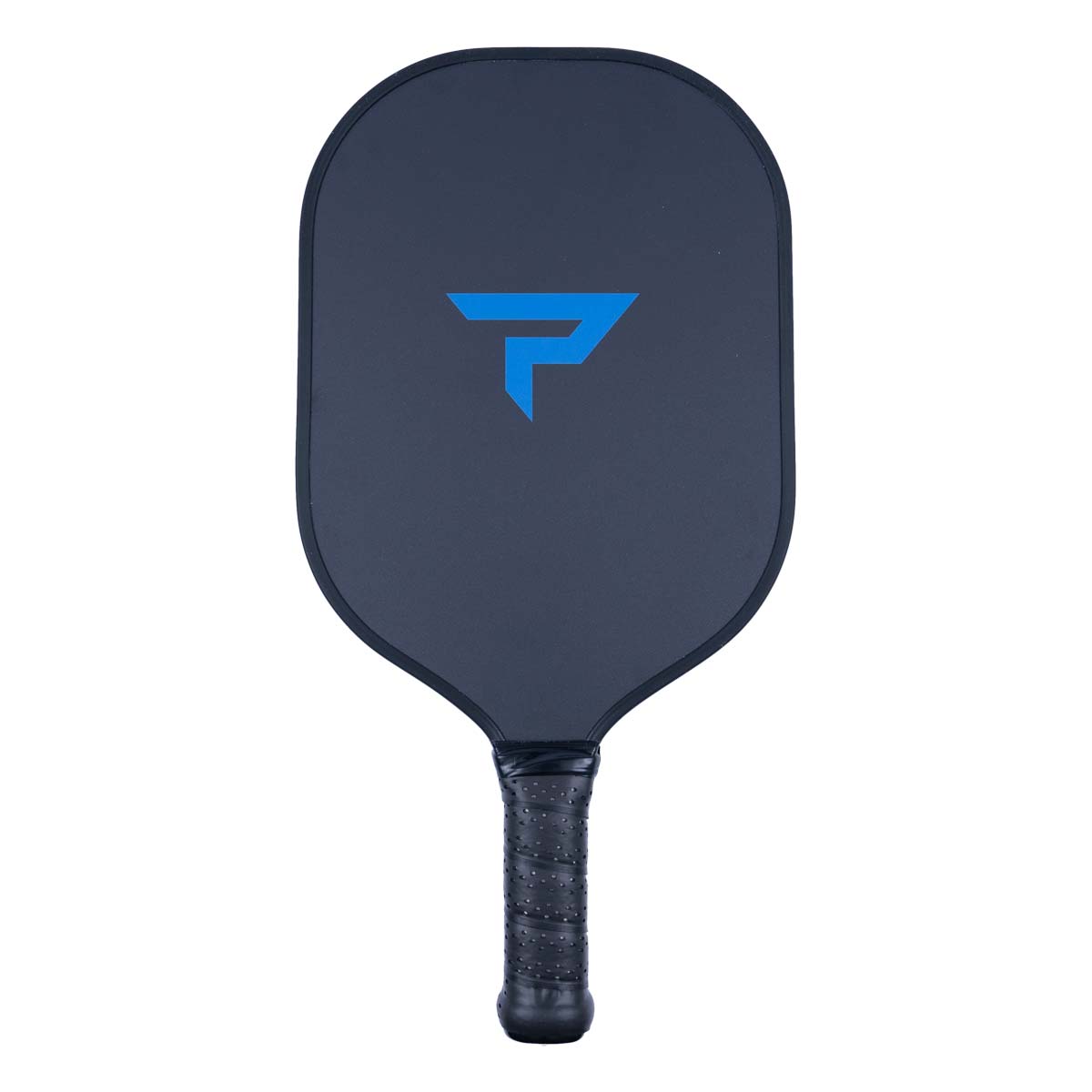 Front view of a dark blue pickleball paddle with a blue P logo and textured black grip.