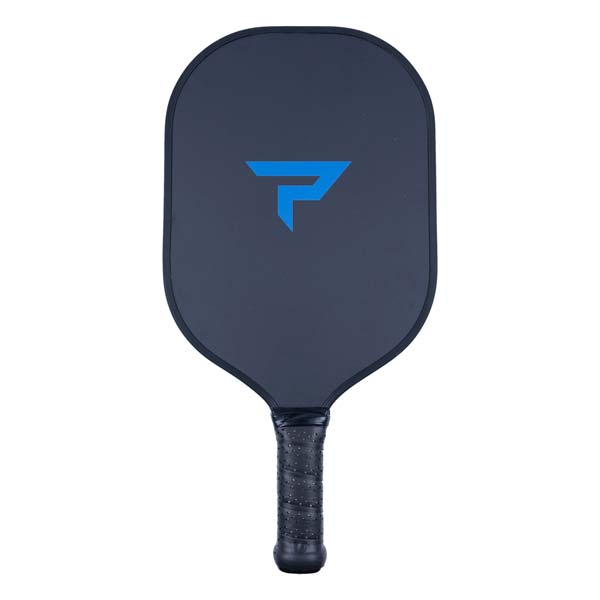 Front view of a dark blue pickleball paddle with a blue P logo and textured black grip.