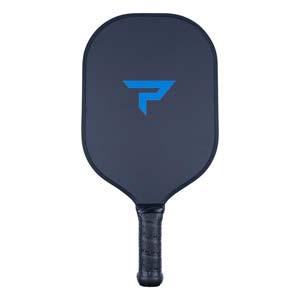 Front view of a dark blue pickleball paddle with a blue P logo and textured black grip.