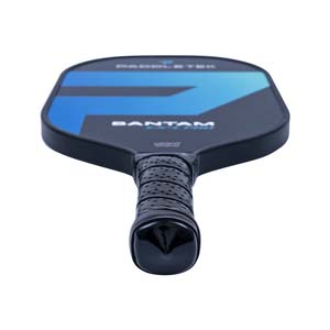 Top-down view of a black pickleball paddle with blue accents, BANTAM EX-L PRO text, and a perforated grip.