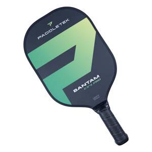 Top-down view of a dark blue pickleball paddle with a green chevron design, PADDLETEK logo, and BANTAM EX-L PRO text.
