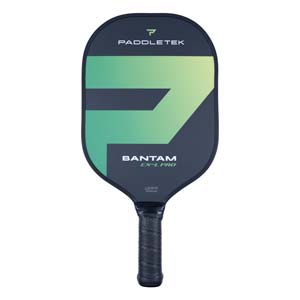 Front view of a dark blue pickleball paddle with a green gradient F-shape design, PADDLETEK and BANTAM EX-L PRO text.