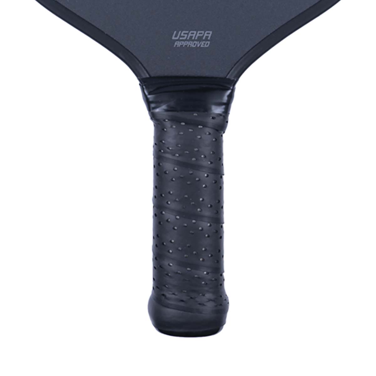 Close-up of a black pickleball paddle grip with a textured surface and USAPA APPROVED text.