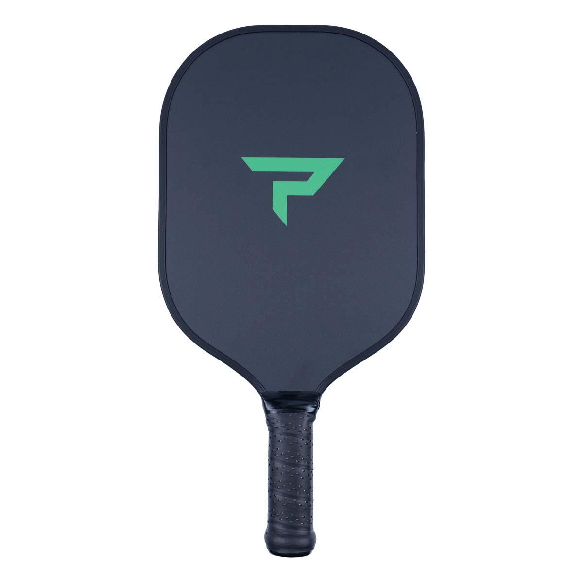 Front view of a dark blue pickleball paddle with a green logo and textured black grip.