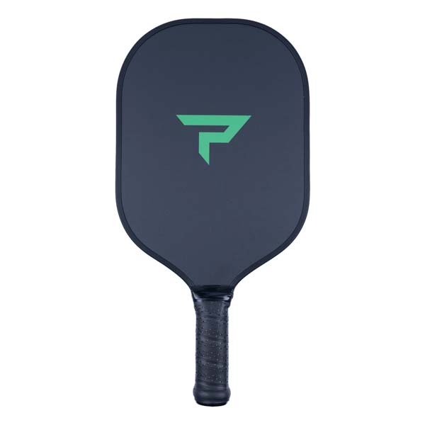 Front view of a dark blue pickleball paddle with a green logo and textured black grip.