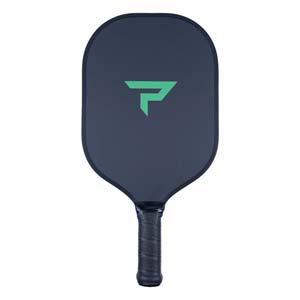 Front view of a dark blue pickleball paddle with a green logo and textured black grip.