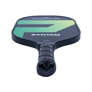 Top-down view of a black pickleball paddle with green accents and BANTAM EX-L PRO text.