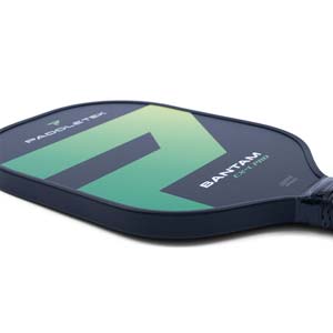 Side view of a dark blue pickleball paddle with a green gradient F design, PADDLETEK and BANTAM EX-L PRO text.