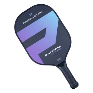 Top-down view of a dark grey pickleball paddle with a purple and blue chevron design, PADDLETEK logo, and BANTAM EX-L PRO text.