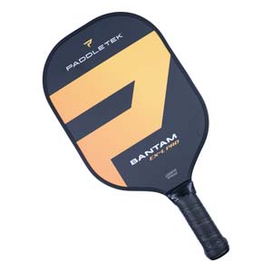 Top-down view of a dark gray pickleball paddle with orange accents, PADDLETEK logo, and BANTAM EX-L PRO text.