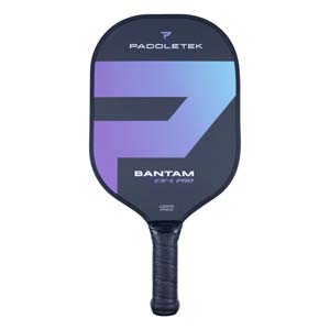 Front view of a dark grey pickleball paddle with a purple and blue gradient design, PADDLETEK logo, and BANTAM EX-L PRO text.