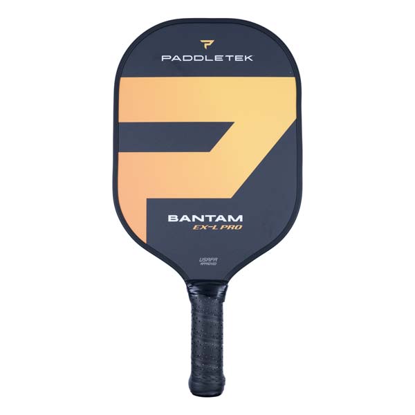 Front view of a dark grey pickleball paddle with orange and yellow graphic, BANTAM EX-L PRO text, and black grip.