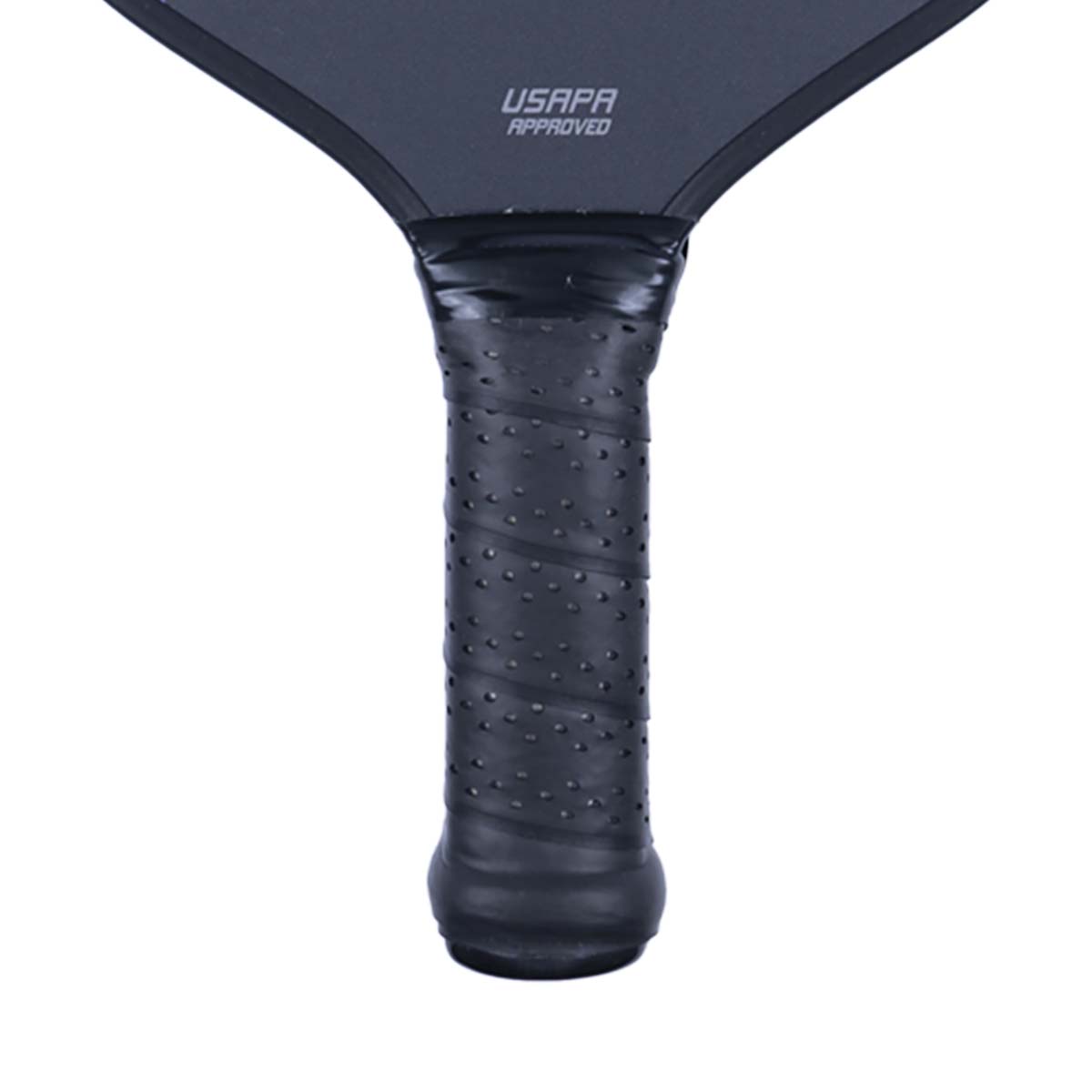 Close-up of a black pickleball paddle grip with textured dots and USAPA APPROVED text.