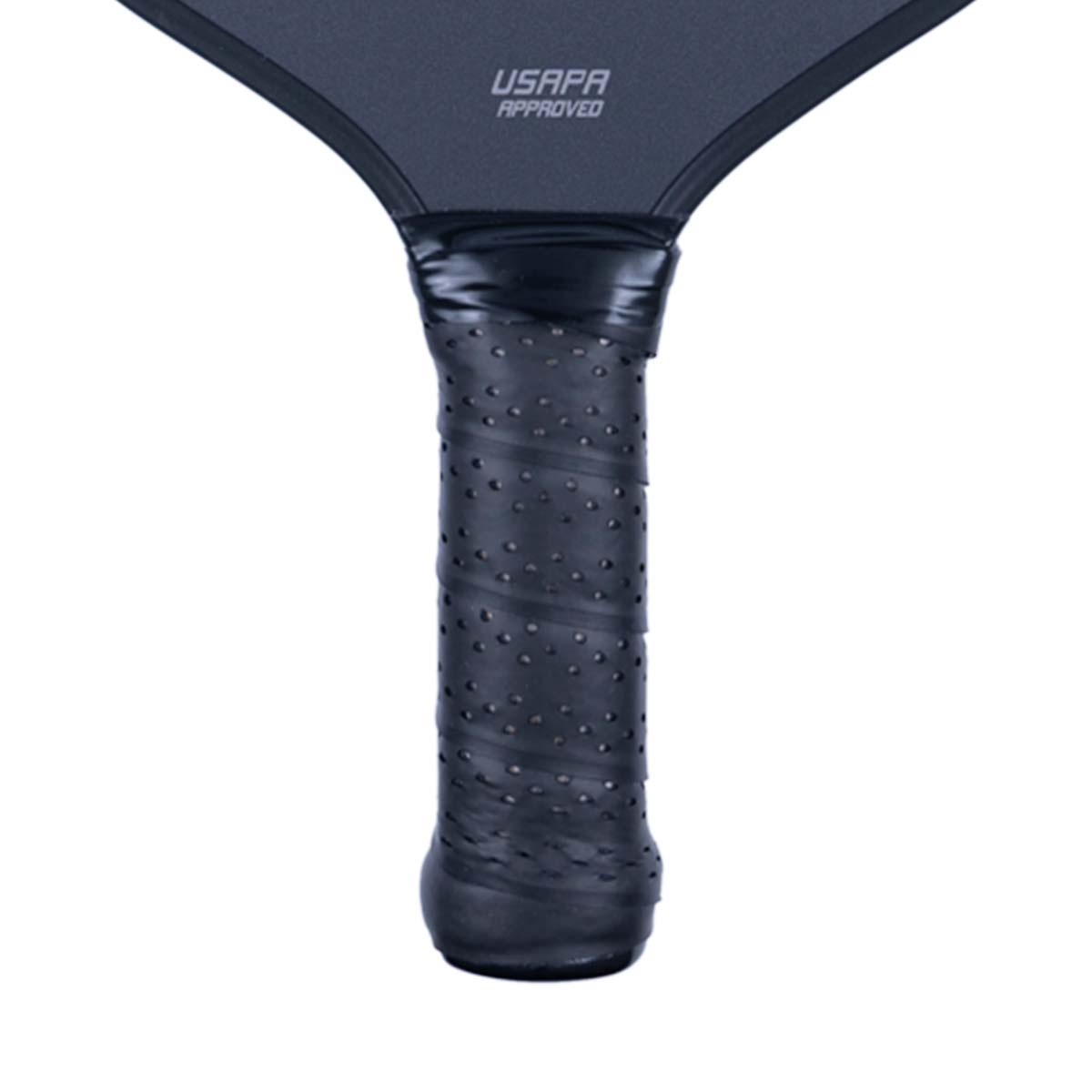 Close-up of a black pickleball paddle grip with a textured surface and USAPA APPROVED text.