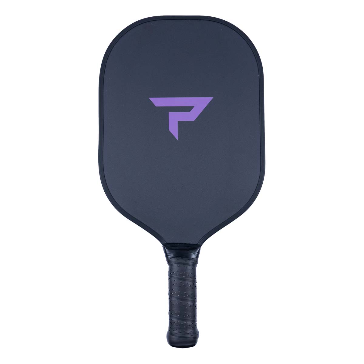 Front view of a dark gray pickleball paddle with a purple logo and textured black grip.