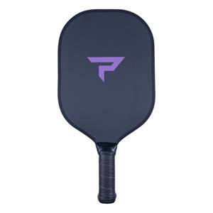 Front view of a dark gray pickleball paddle with a purple logo and textured black grip.