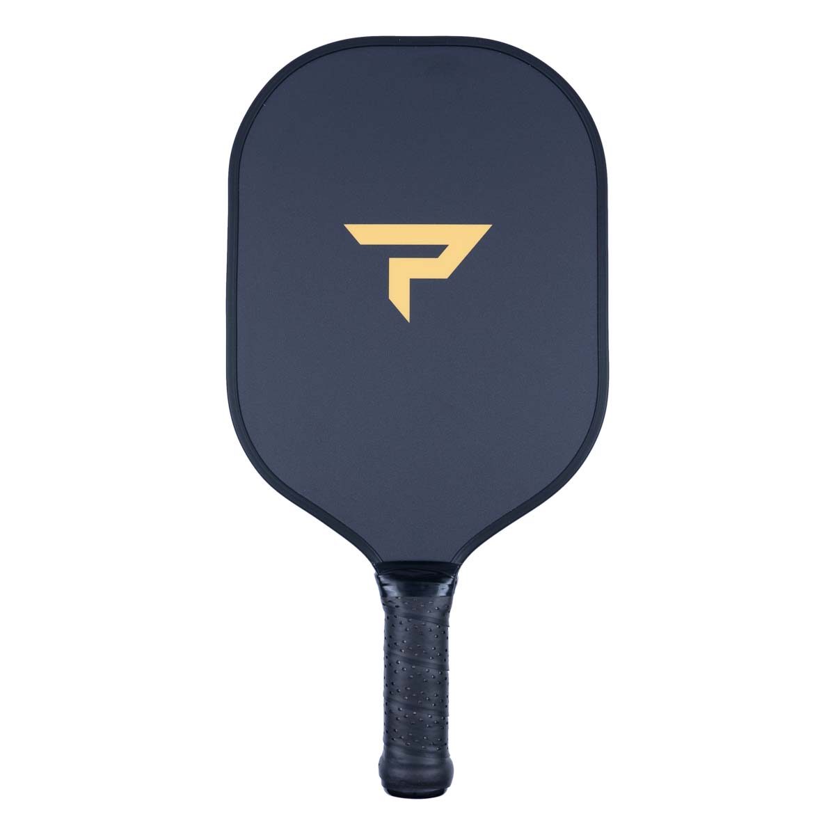 Front view of a dark blue pickleball paddle with a gold P logo and black textured grip.