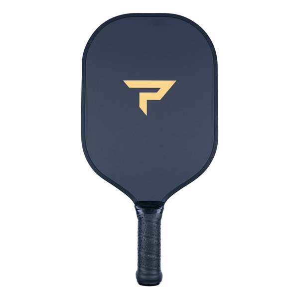 Front view of a dark blue pickleball paddle with a gold P logo and black textured grip.