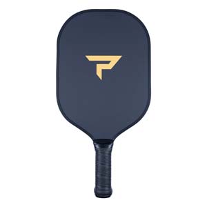 Front view of a dark blue pickleball paddle with a gold P logo and black textured grip.