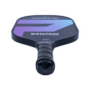 Top-down view of a black pickleball paddle with purple and blue gradient design and BANTAM text.