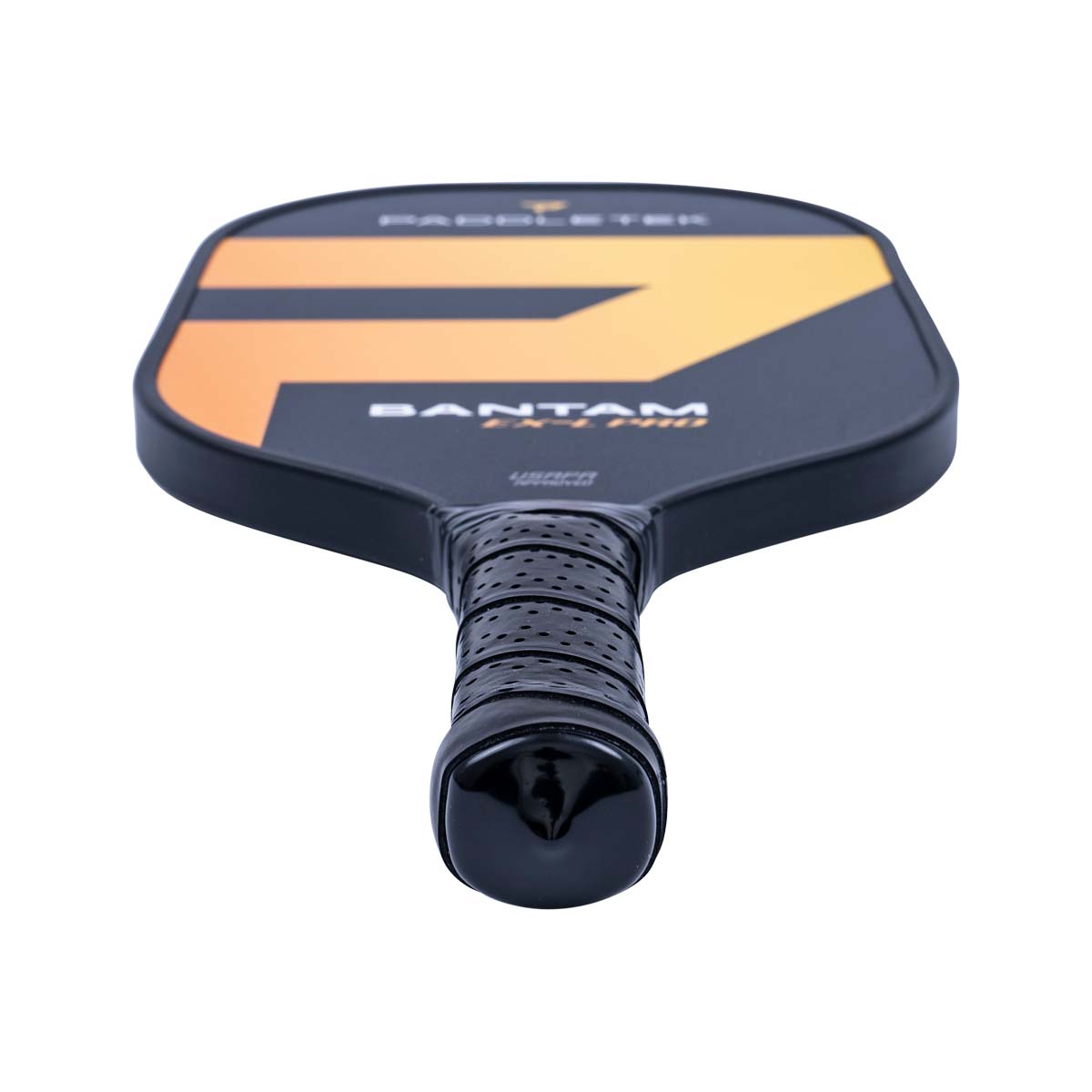 Top-down view of a black and orange pickleball paddle with BANTAM EX-L PRO text and a perforated grip.