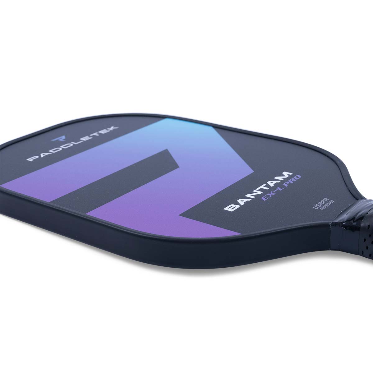 Side view of a black pickleball paddle with a purple and blue chevron design, BANTAM EX-L PRO text, and USAPA APPROVED label.