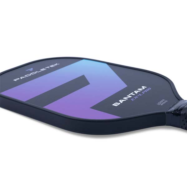 Side view of a black pickleball paddle with a purple and blue chevron design, BANTAM EX-L PRO text, and USAPA APPROVED label.