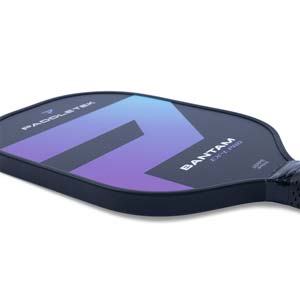 Side view of a black pickleball paddle with a purple and blue chevron design, BANTAM EX-L PRO text, and USAPA APPROVED label.