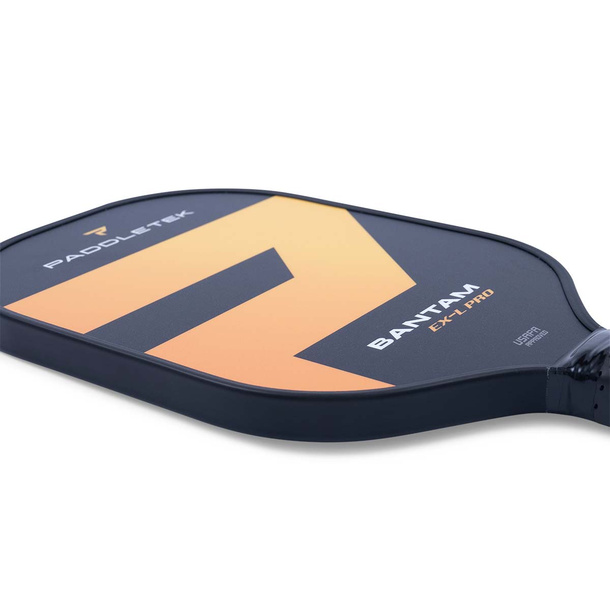 Side view of a black pickleball paddle with orange graphic, BANTAM EX-L PRO text, and USAPA APPROVED stamp.