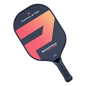 Top-down view of a black pickleball paddle with a red and orange chevron design, PADDLETEK logo, and BANTAM EX-L PRO text.