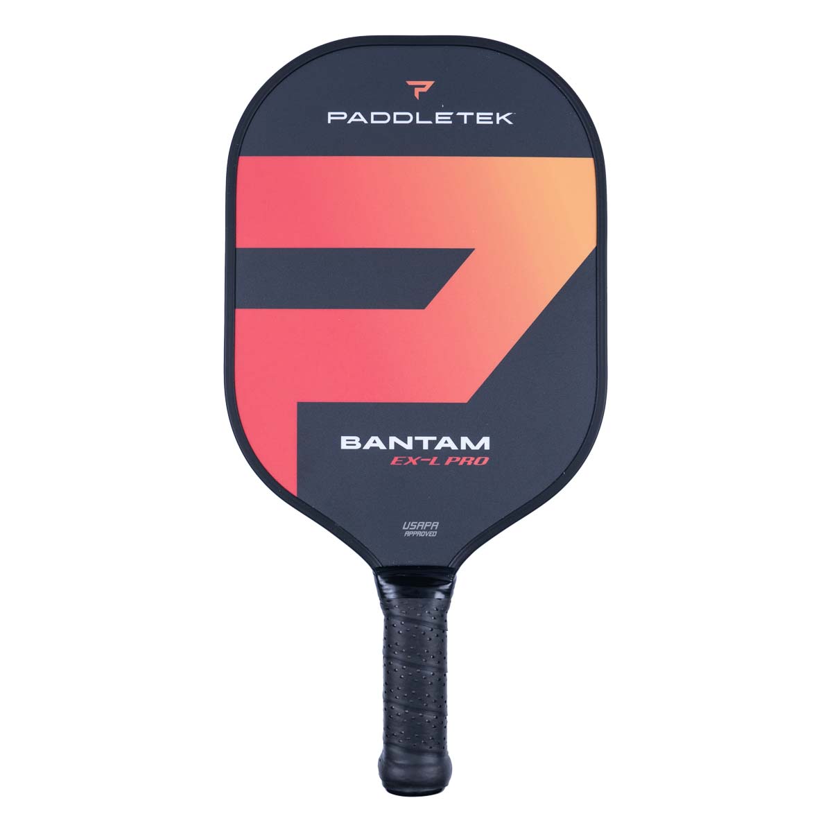 Front view of a dark grey pickleball paddle with a large orange and pink graphic, BANTAM EX-L PRO text, and a black grip.