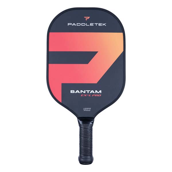 Front view of a dark grey pickleball paddle with a large orange and pink graphic, BANTAM EX-L PRO text, and a black grip.