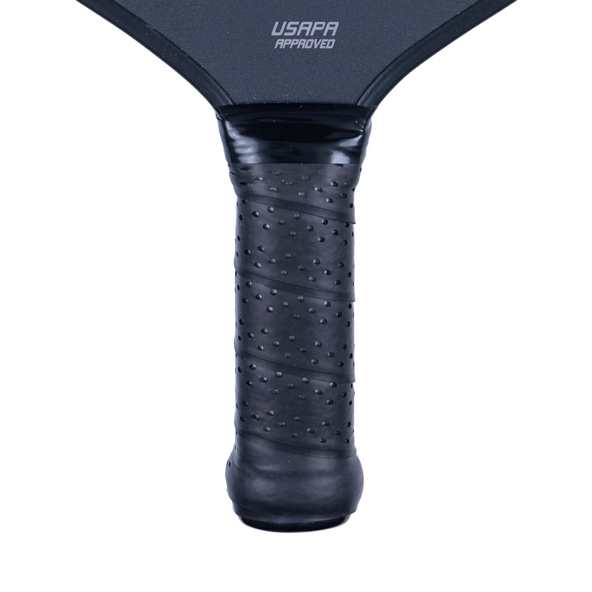 Close-up of a black pickleball paddle grip with USAPA APPROVED text.