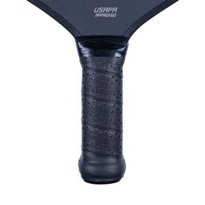 Close-up of a black pickleball paddle grip with USAPA APPROVED text.
