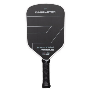 Front view of a black pickleball paddle with PADDLETEK BANTAM GTO-C text, white trim, and a black textured grip.