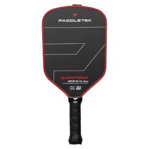 Front view of a black pickleball paddle with a red edge, white angular design, and PADDLETEK BANTAM GTO-C 14.3mm branding.