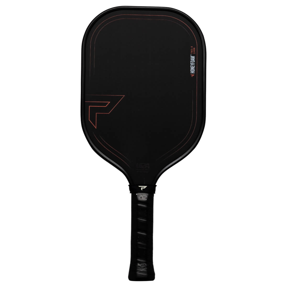 Front view of a black pickleball paddle with a red outline, a "P" logo, and "HONEYFOAMâ„¢ TRU-X 14MM" text.