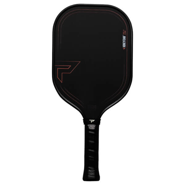 Front view of a black pickleball paddle with a red outline, a "P" logo, and "HONEYFOAMâ„¢ TRU-X 14MM" text.